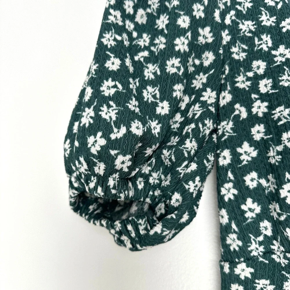 Free People Daisy Chain Top Forest Green Floral Puff Sleeve Square Neck XS